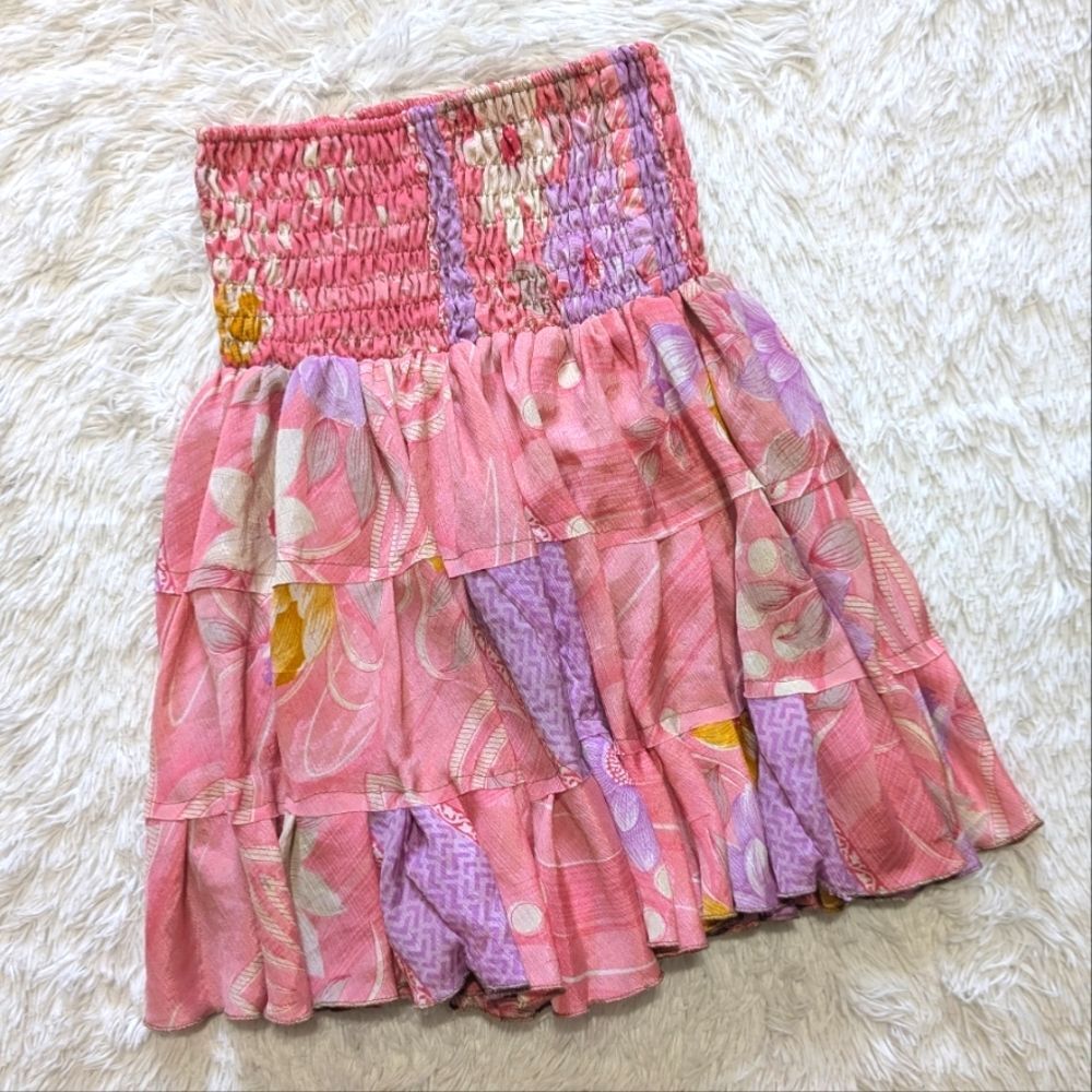 Y2K Silk Blend Floral Fairy Smocked High Waist Fairycore Mini Skirt - Picture 3 of 6